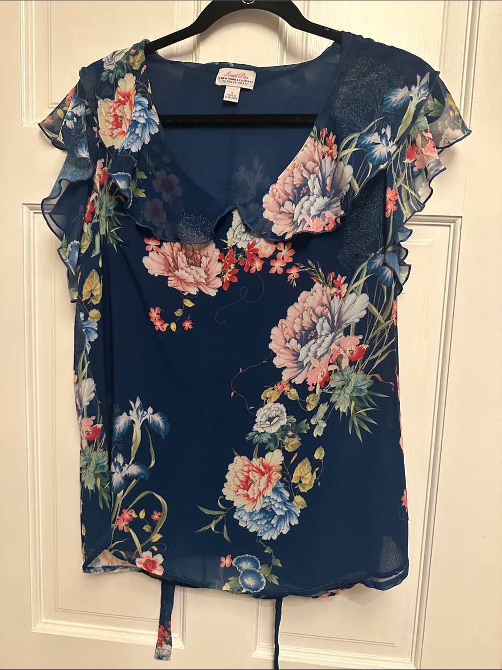Sweet Pea Navy Floral Ruffle Collar Flutter Sleeve Blouse